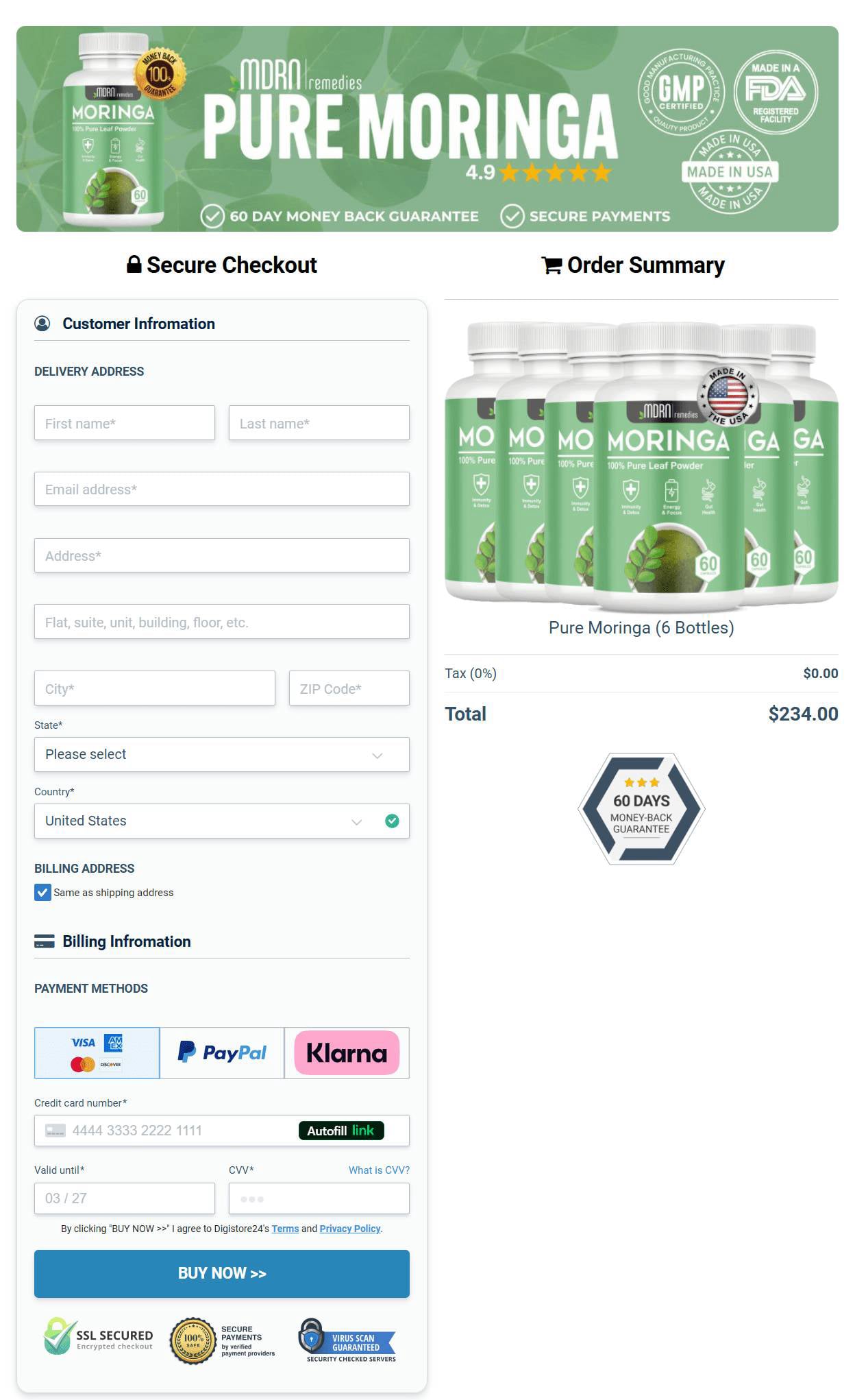 Pure Moringa Checkout Page.